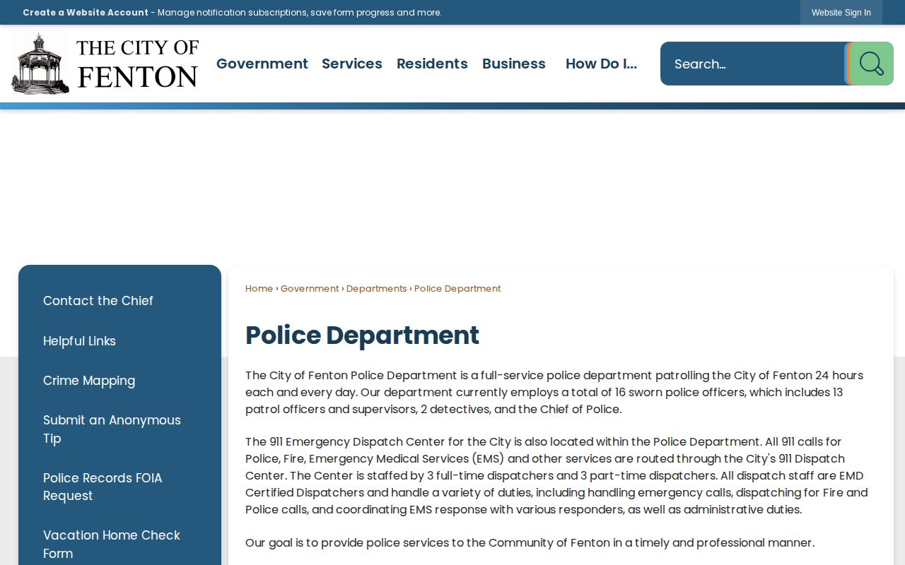 Fenton Police full-service 24-hour patrol page for recent arrest context