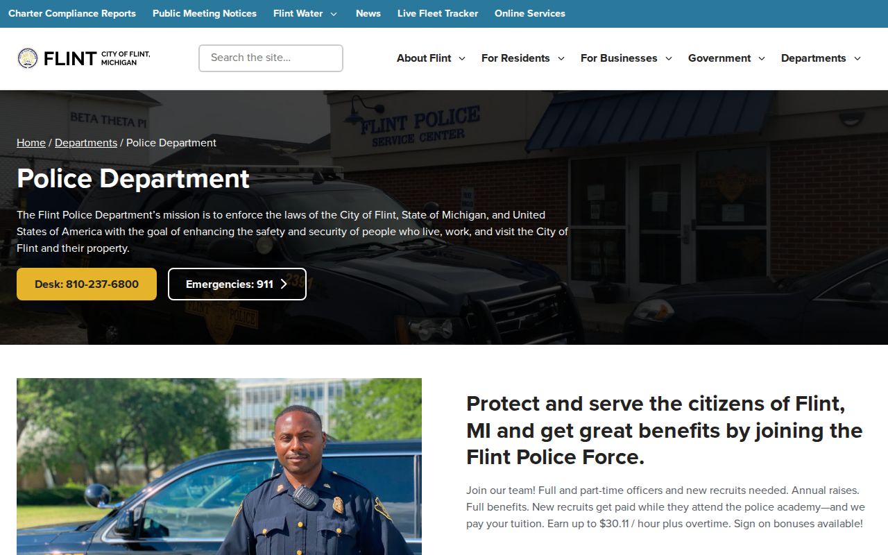 Flint Police Department contact and arrest-record resource page in Genesee County