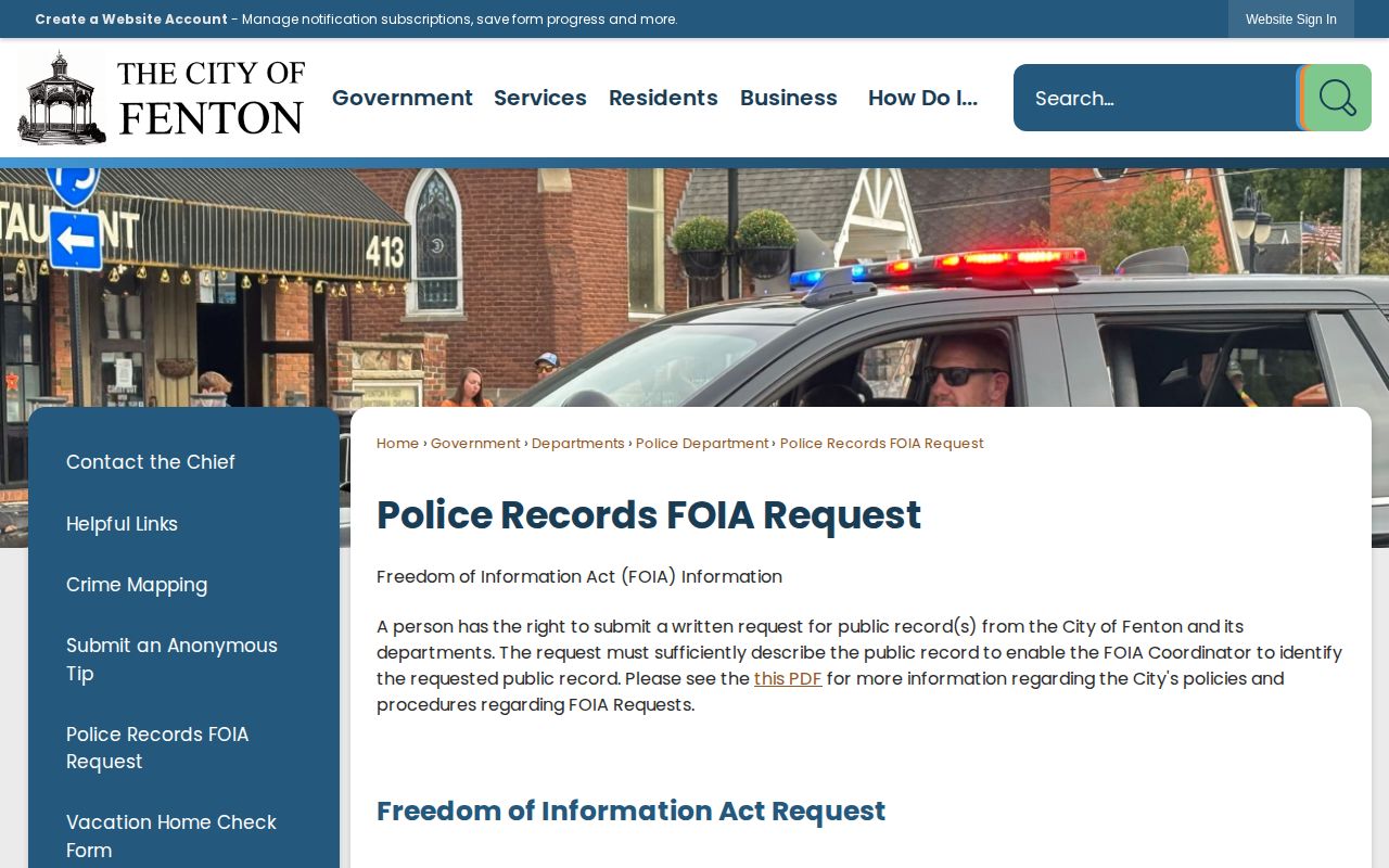 Fenton Police arrest-record and FOIA request page in Genesee County