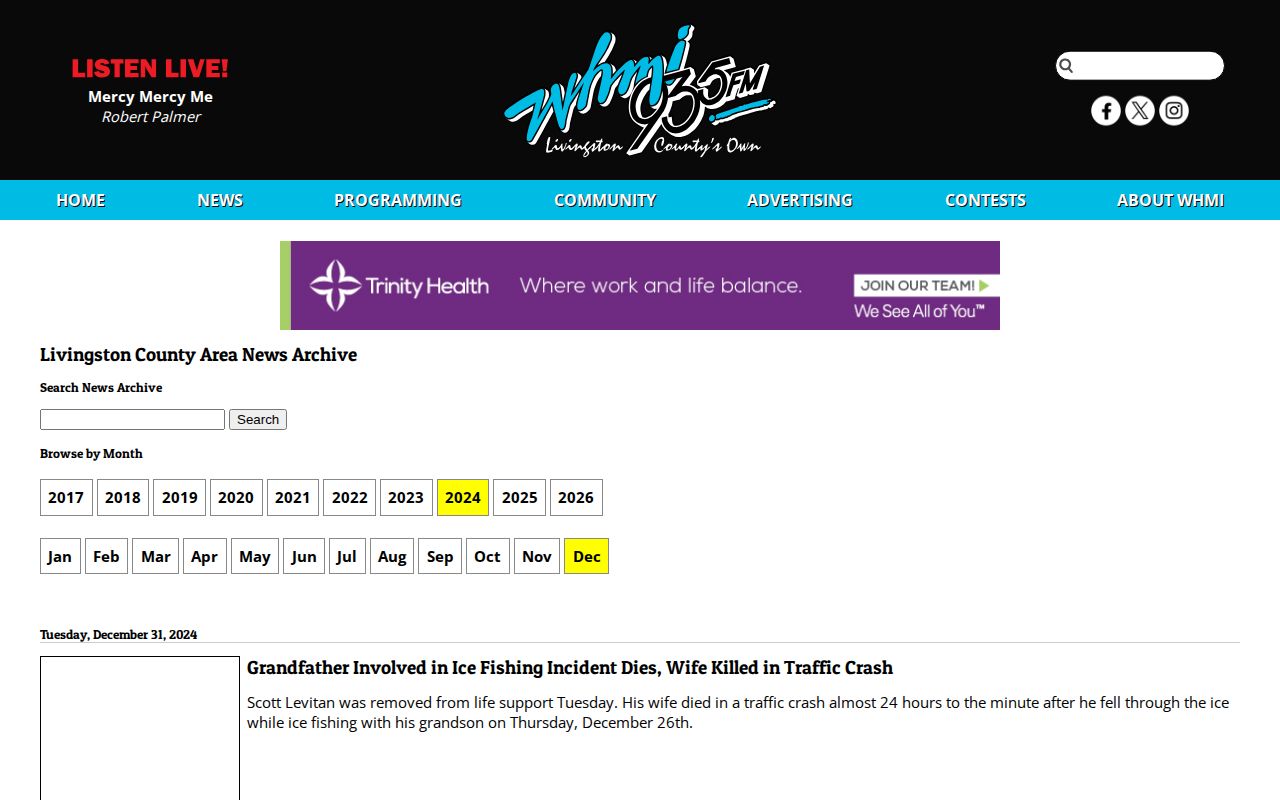 WHMI monthly local news archive used for selective Genesee arrest research