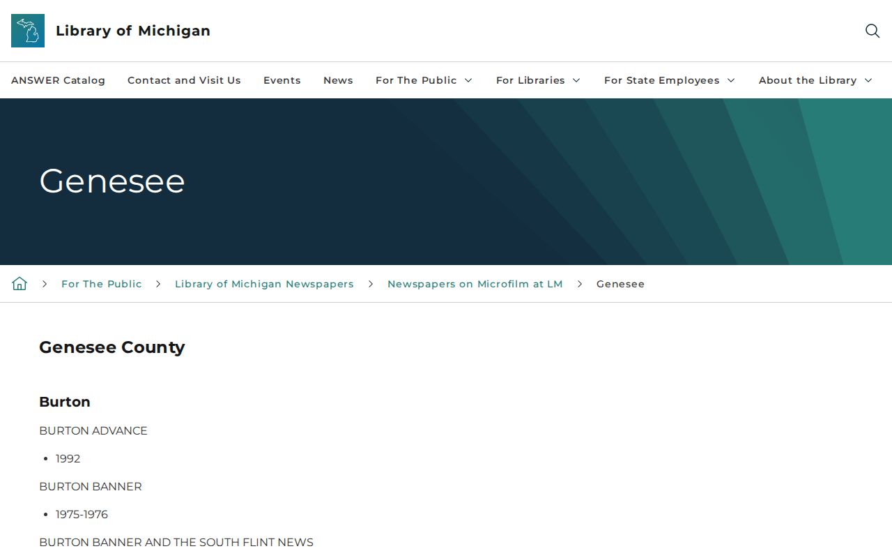 Library of Michigan Genesee County newspaper holdings for Flint Burton and Fenton